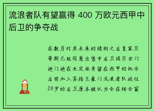 流浪者队有望赢得 400 万欧元西甲中后卫的争夺战