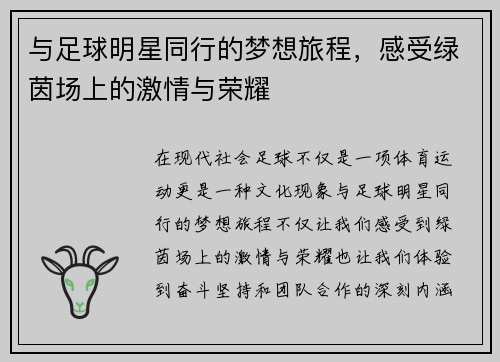 与足球明星同行的梦想旅程，感受绿茵场上的激情与荣耀